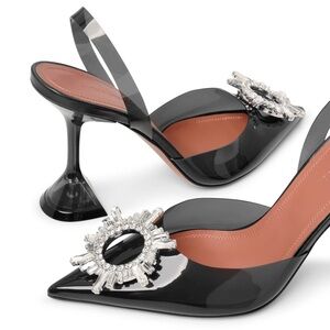 Amina Muaddi Black Heels with Crystal Embellishment